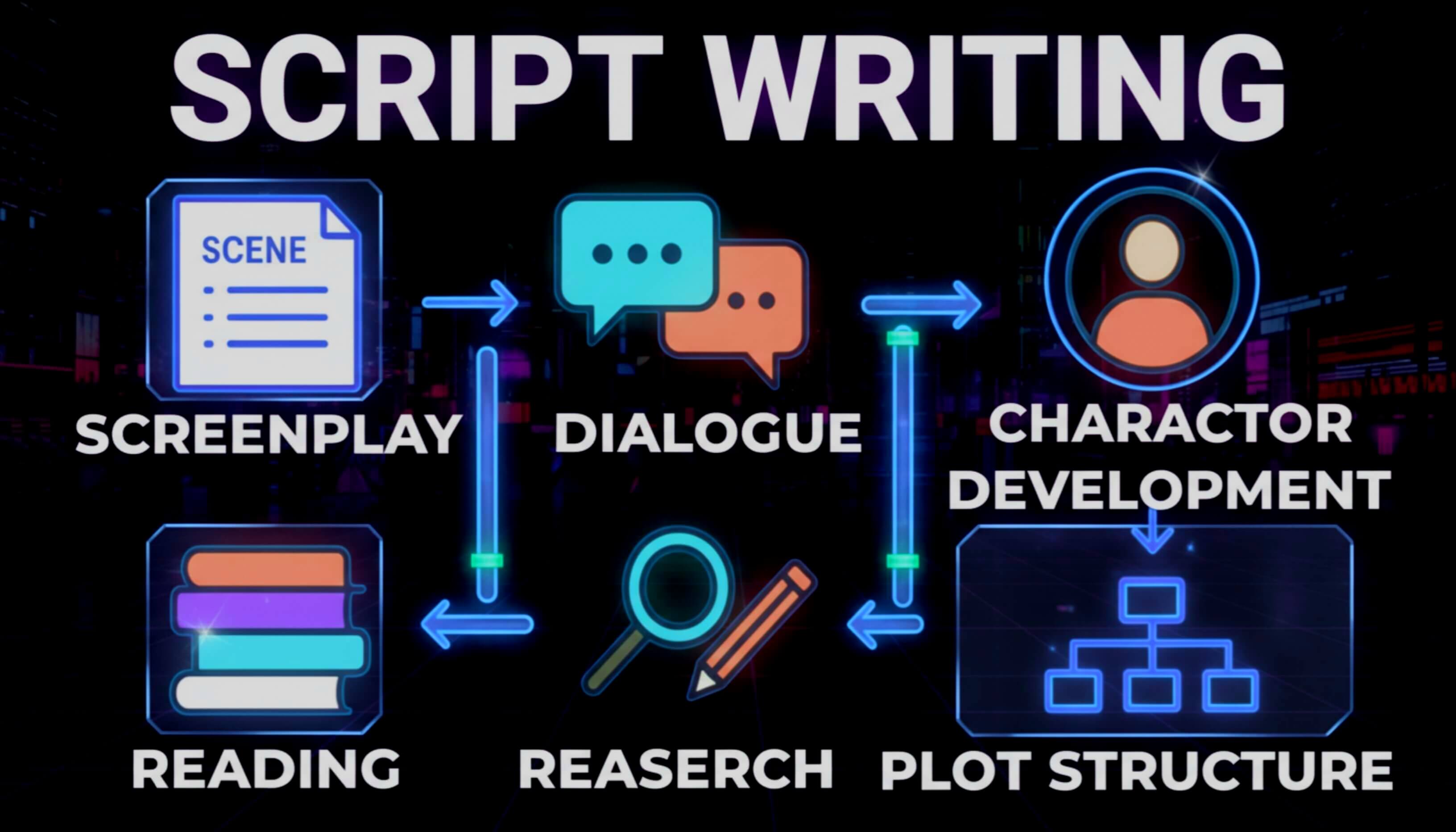 Script Writing Infographic showing trending reels, viral hooks, YouTube scripts, documentary research, and content strategy